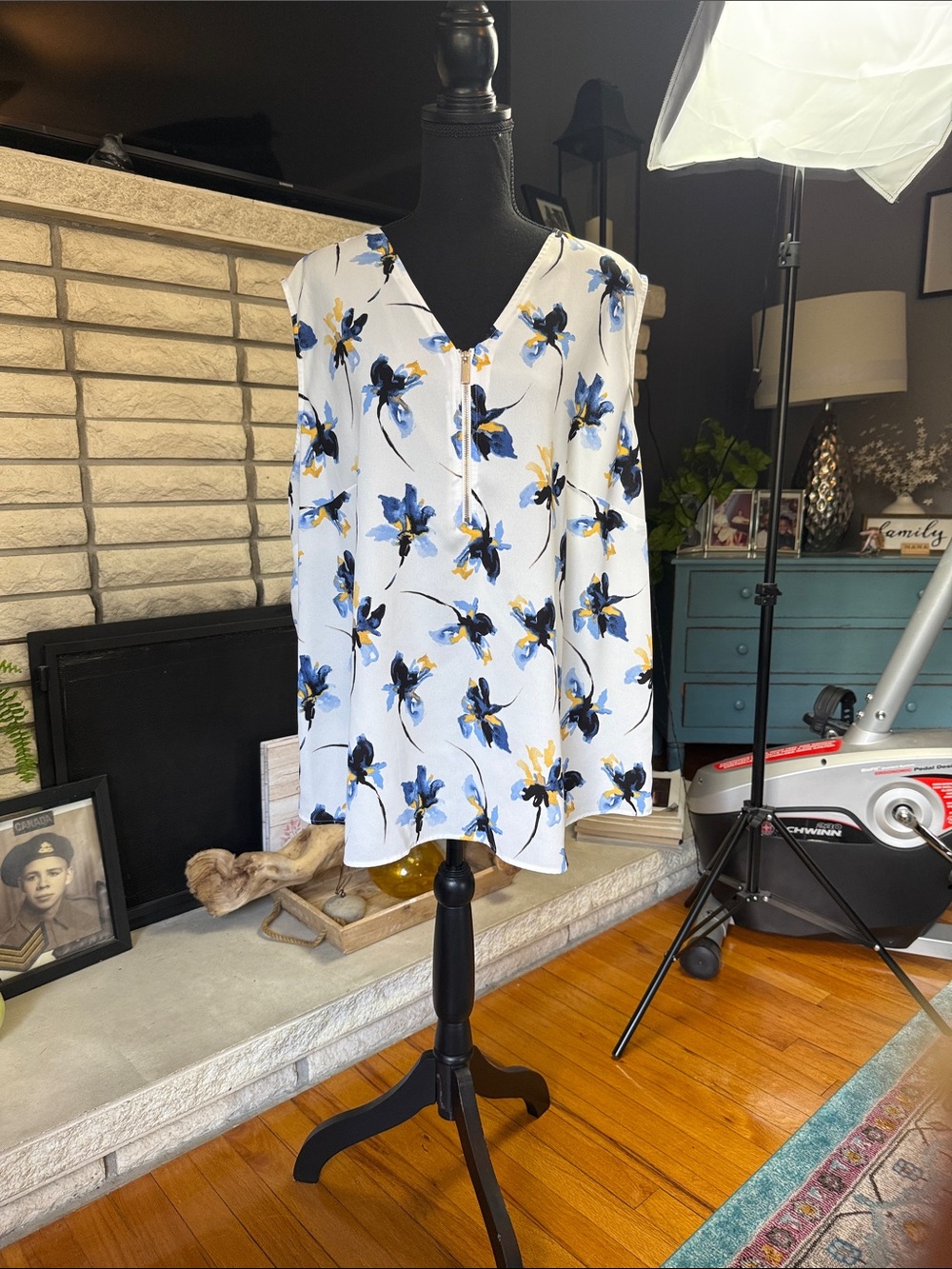 Anne Klein White V-Neck Blouse with Blue & Yellow Floral Print